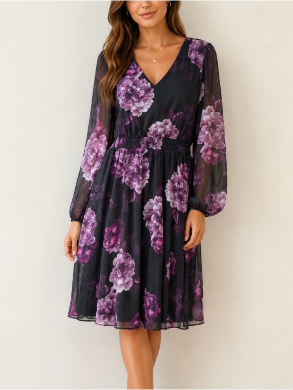 SUZY SHIER Black Long Sleeved V-Neck Dress with Purple Floral Print